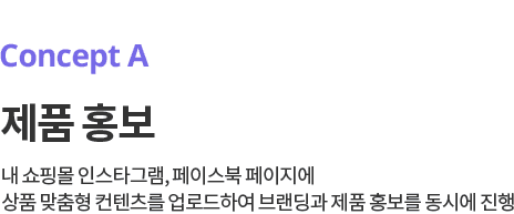 Concept A. 제품 홍보 컨셉 - 내 쇼핑몰 인스타그램, 페이스북 페이지에 상품 맞춤형 컨텐츠를 업로드하여 브랜딩과 제품 홍보를 동시에 진행